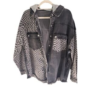 NEW Retro Hooded Washed Black & Gray Demin Button Jacket  Size Medium